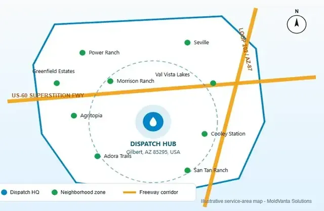 Service area boundary map for Adora Trails mold removal dispatch coverage