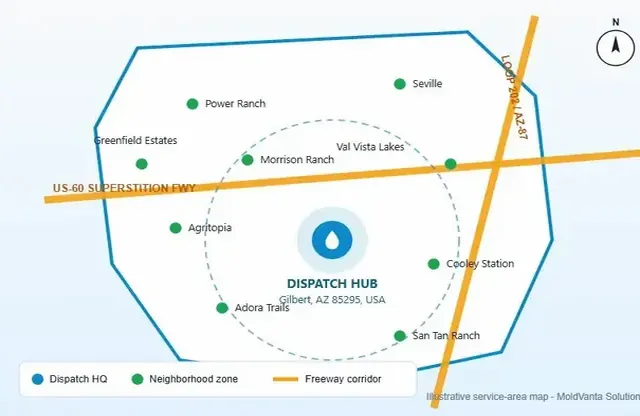 Service area boundary map for Agritopia mold removal dispatch coverage