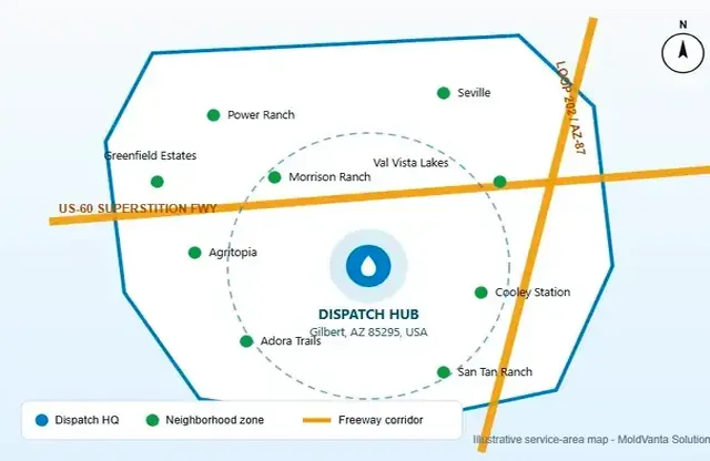 Service area boundary map for Ashland Ranch mold removal dispatch coverage