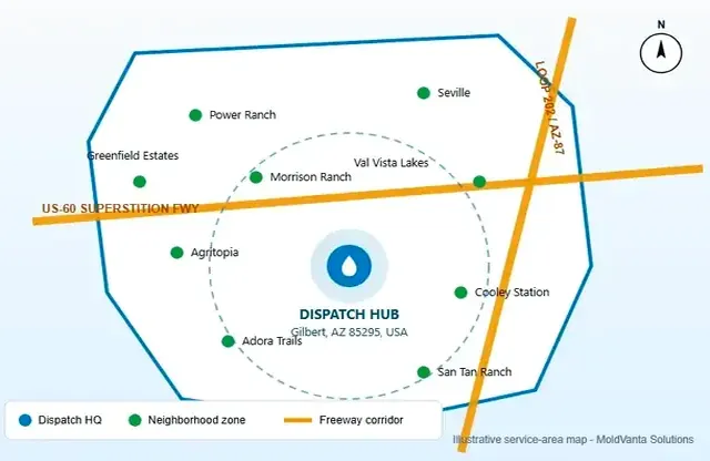 Service area boundary map for Circle G Ranches mold removal dispatch coverage
