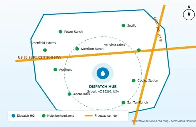 Service area boundary map for Cooley Station mold removal dispatch coverage