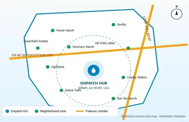 Service area boundary map for Layton Lakes mold removal dispatch coverage