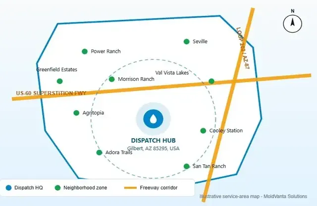 Service area boundary map for Lyons Gate mold removal dispatch coverage