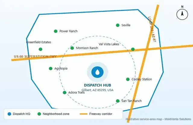 Service area boundary map for Morrison Ranch mold removal dispatch coverage
