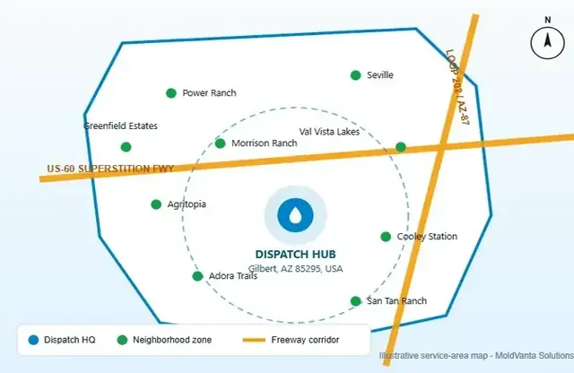 Service area boundary map for Val Vista Lakes mold removal dispatch coverage