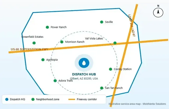 Service area boundary map for Western Skies mold removal dispatch coverage