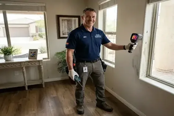 Certified mold remediation technician setting up containment in a Agritopia residence