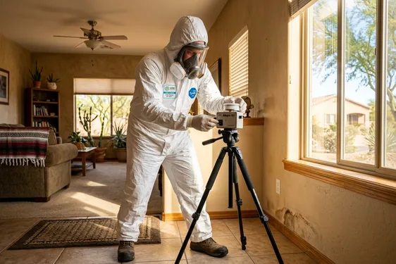 Certified mold remediation technician conducting professional inspection and remediation in a Casa Grande AZ residential property