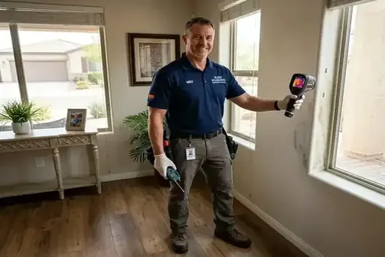 Certified mold remediation technician setting up containment in a Cooley Station residence