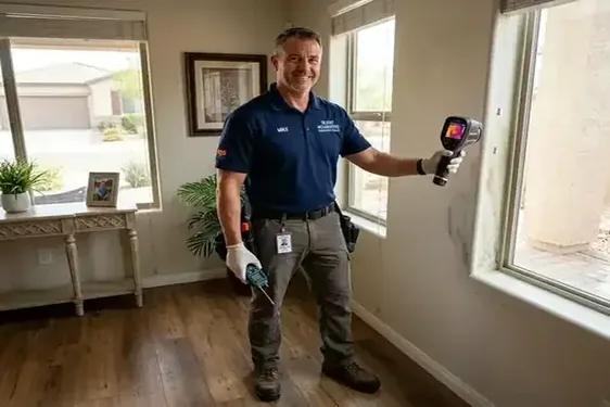 Certified mold remediation technician setting up containment in a Finley Farms residence