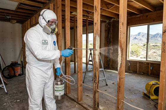 Certified mold remediation technician applying botanical antimicrobial treatment in a Fountain Hills AZ hillside home