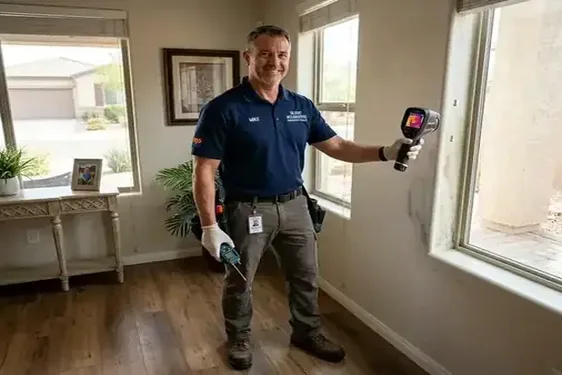 Certified mold remediation technician setting up containment in a Greenfield Lakes residence