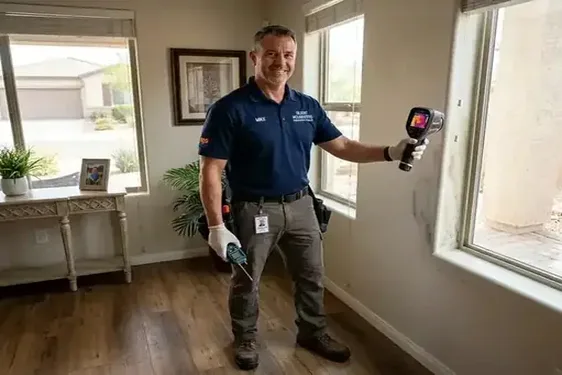 Certified mold remediation technician setting up containment in a Layton Lakes residence