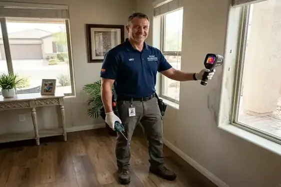 Certified mold remediation technician setting up containment in a Lyons Gate residence