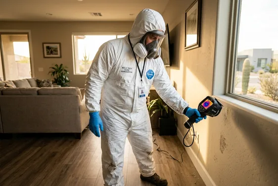 Certified mold remediation technician conducting professional inspection and remediation in a Maricopa AZ residential property