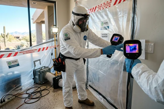 IICRC certified MoldVanta Solutions technician inspecting mold remediation containment in a Mesa AZ residential property