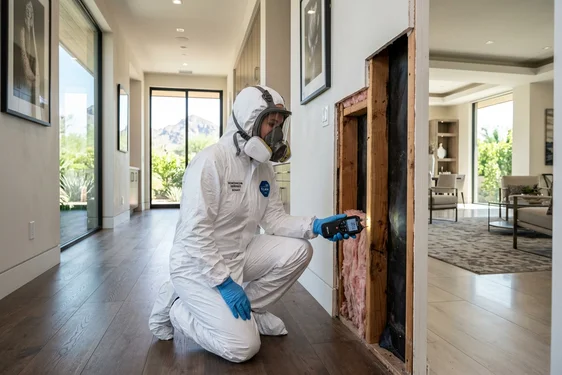 Certified environmental mold remediation technician testing wall cavity moisture in a Paradise Valley AZ luxury estate