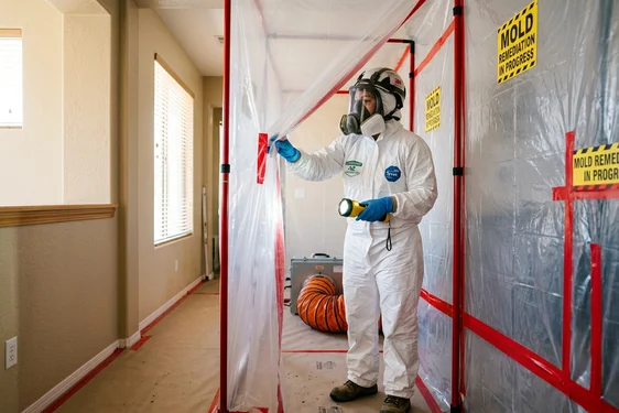 Certified mold remediation specialist inspecting negative air containment chamber in a Phoenix AZ home