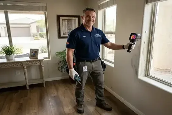 Certified mold remediation technician setting up containment in a Power Ranch residence