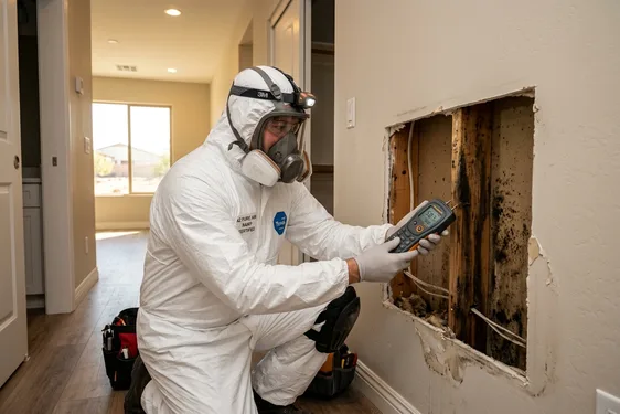 Certified mold remediation technician conducting professional inspection and remediation in a San Tan Valley AZ residential property