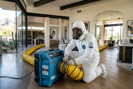 Certified mold remediation technician operating negative air filtration scrubber in a Scottsdale AZ luxury residence