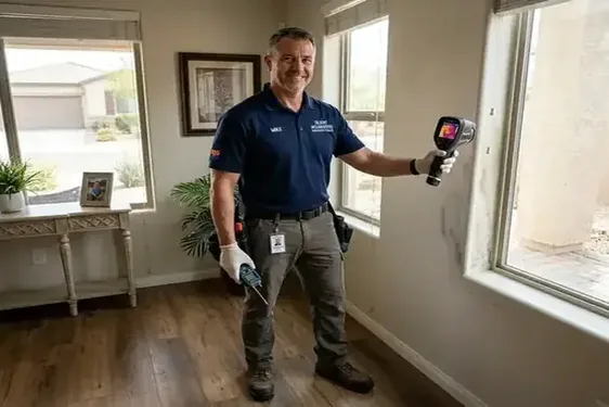 Certified mold remediation technician setting up containment in a Seville residence
