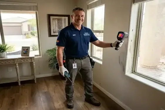 Certified mold remediation technician setting up containment in a The Islands residence