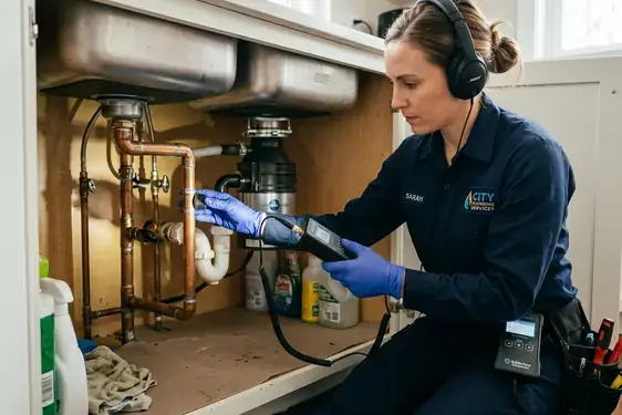 MoldVanta Solutions acoustic leak detection specialist inspecting non-destructive subterranean pipe acoustics in Gilbert AZ